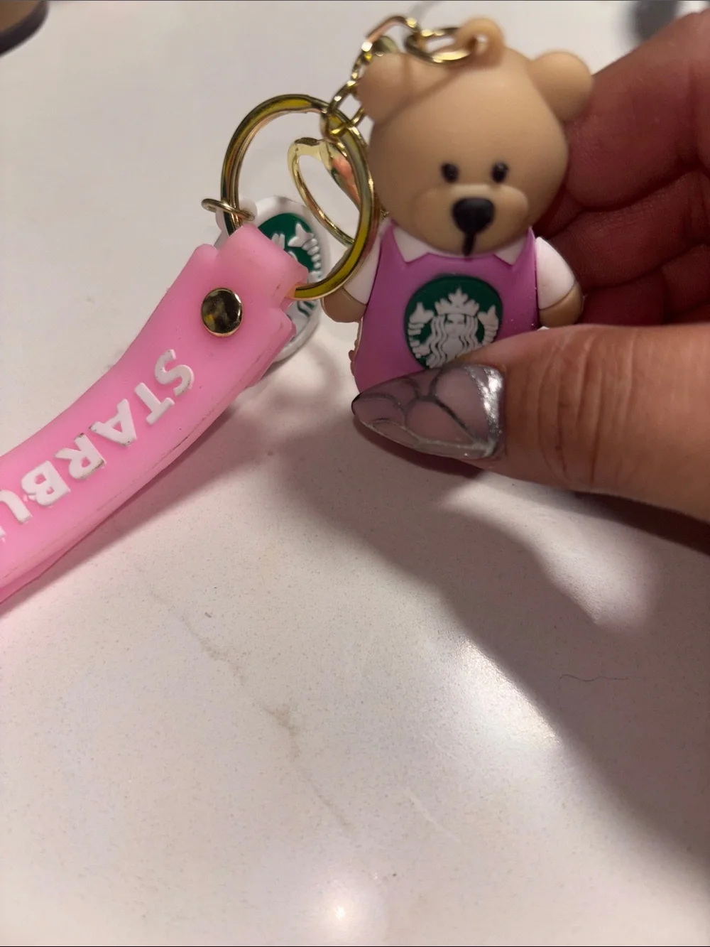 Starbucks Pink Bear Keychain with Gold Ring and Green Logo